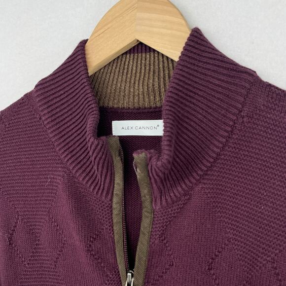 ALEX CANNON Sweater Mens XL 1/4 Zip Jumper Argyle Cotton Pullover Maroon - Picture 9 of 14